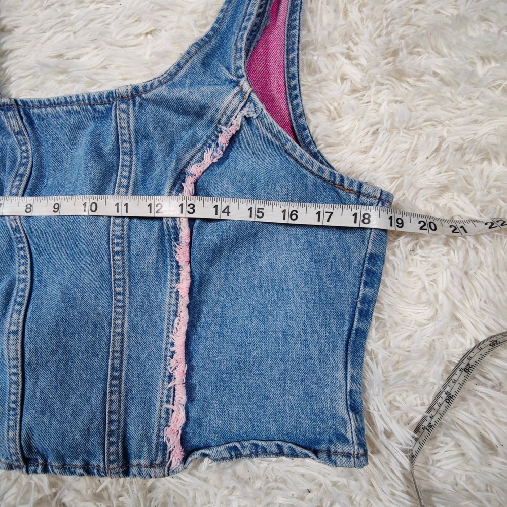 Vintage 90s Lee Denim Corset Bustier Crop Top Pink Frayed Trim Festival Large - Picture 4 of 5